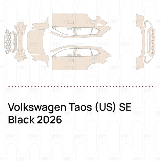 Pre-cut PPF pattern set for the Volkswagen Taos US SE Black 2026: outlines of every film piece in the kit.