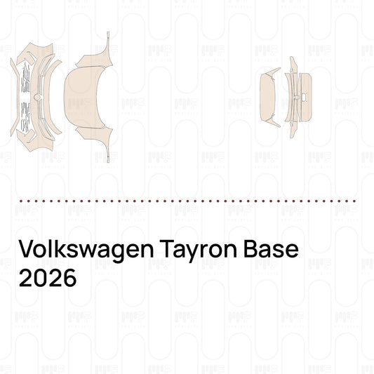 Pre-cut PPF pattern set for the Volkswagen Tayron Base 2026: outlines of every film piece in the kit.