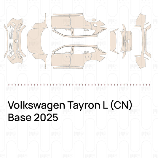 Pre-cut PPF pattern set for the Volkswagen Tayron L CN Base 2025: outlines of every film piece in the kit.
