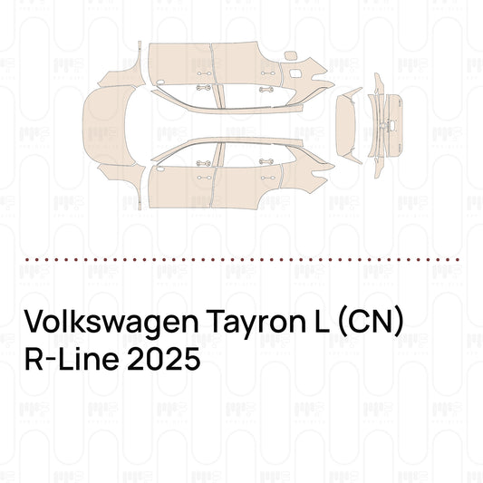 Pre-cut PPF pattern set for the Volkswagen Tayron L CN R-Line 2025: outlines of every film piece in the kit.