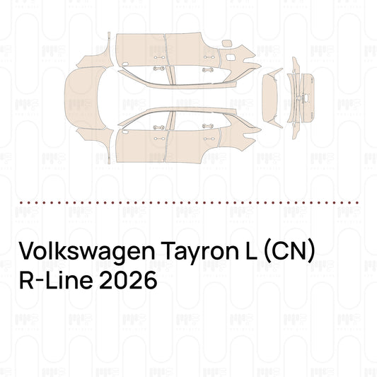 Pre-cut PPF pattern set for the Volkswagen Tayron L CN R-Line 2026: outlines of every film piece in the kit.