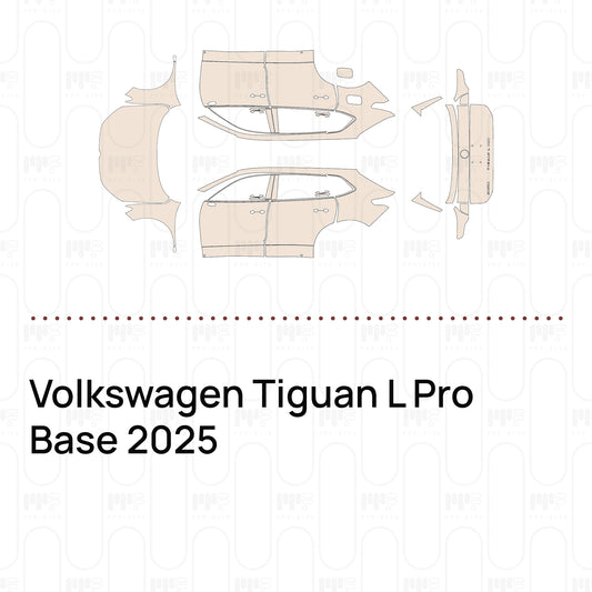 Pre-cut PPF pattern set for the Volkswagen Tiguan L Pro Base 2025: outlines of every film piece in the kit.