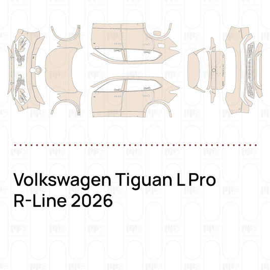 Pre-cut PPF pattern set for the Volkswagen Tiguan L Pro R-Line 2026: outlines of every film piece in the kit.