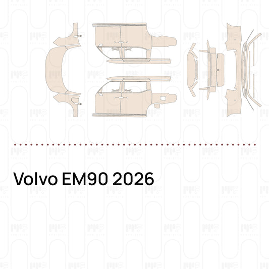 Pre-cut PPF pattern set for the Volvo EM90 2026: outlines of every film piece in the kit.
