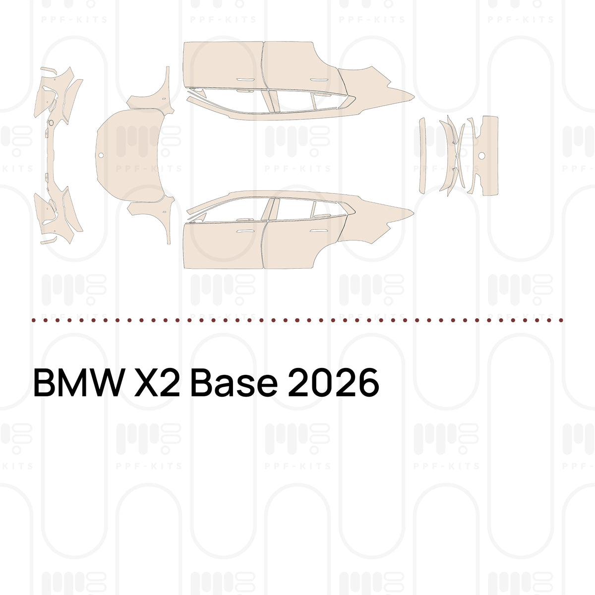 Pre-cut PPF pattern set for the BMW X2 Base 2026: outlines of every film piece in the kit.