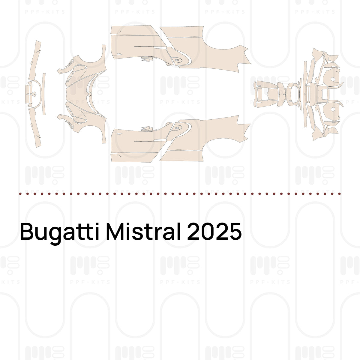 Pre-cut PPF pattern set for the Bugatti Mistral 2025: outlines of every film piece in the kit.