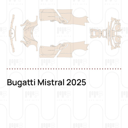 Pre-cut PPF pattern set for the Bugatti Mistral 2025: outlines of every film piece in the kit.